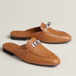 Hermes Oz Goatskin Tan Leather Mules with Silver Accent